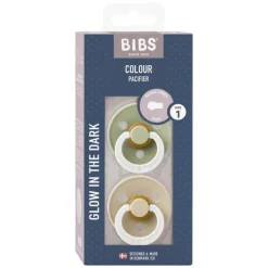 BIBS Glow in the dark Fopspeen Two Pack Natuurlijk Rubber Sage/Vanilla Maat 1