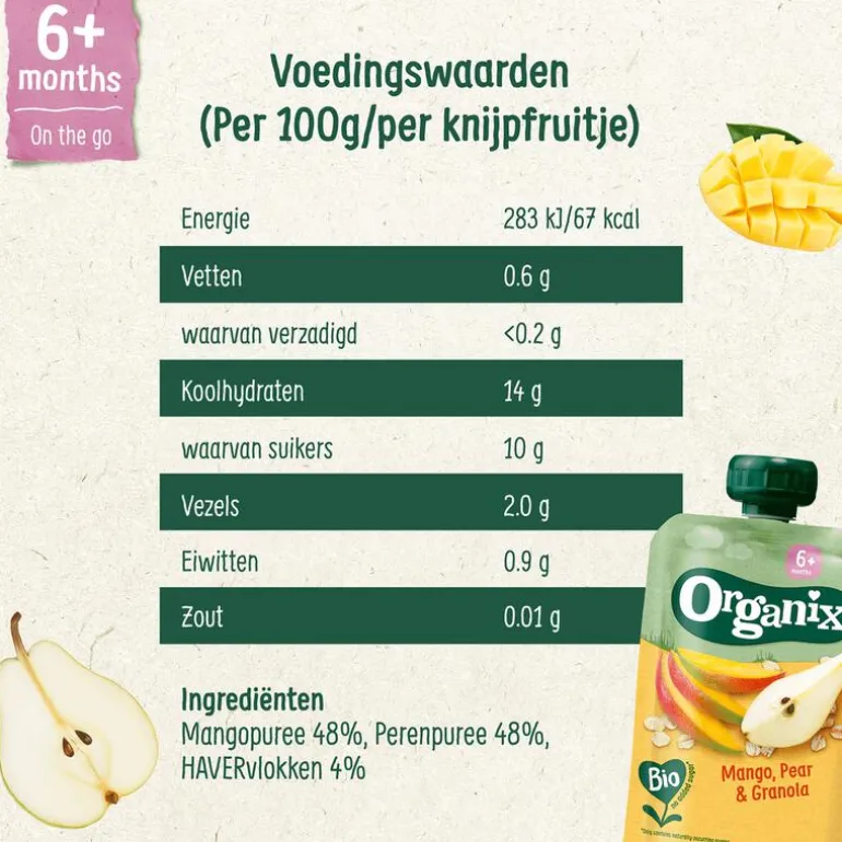 Organix Bio Knijpfruit Mango, Peer, Granola